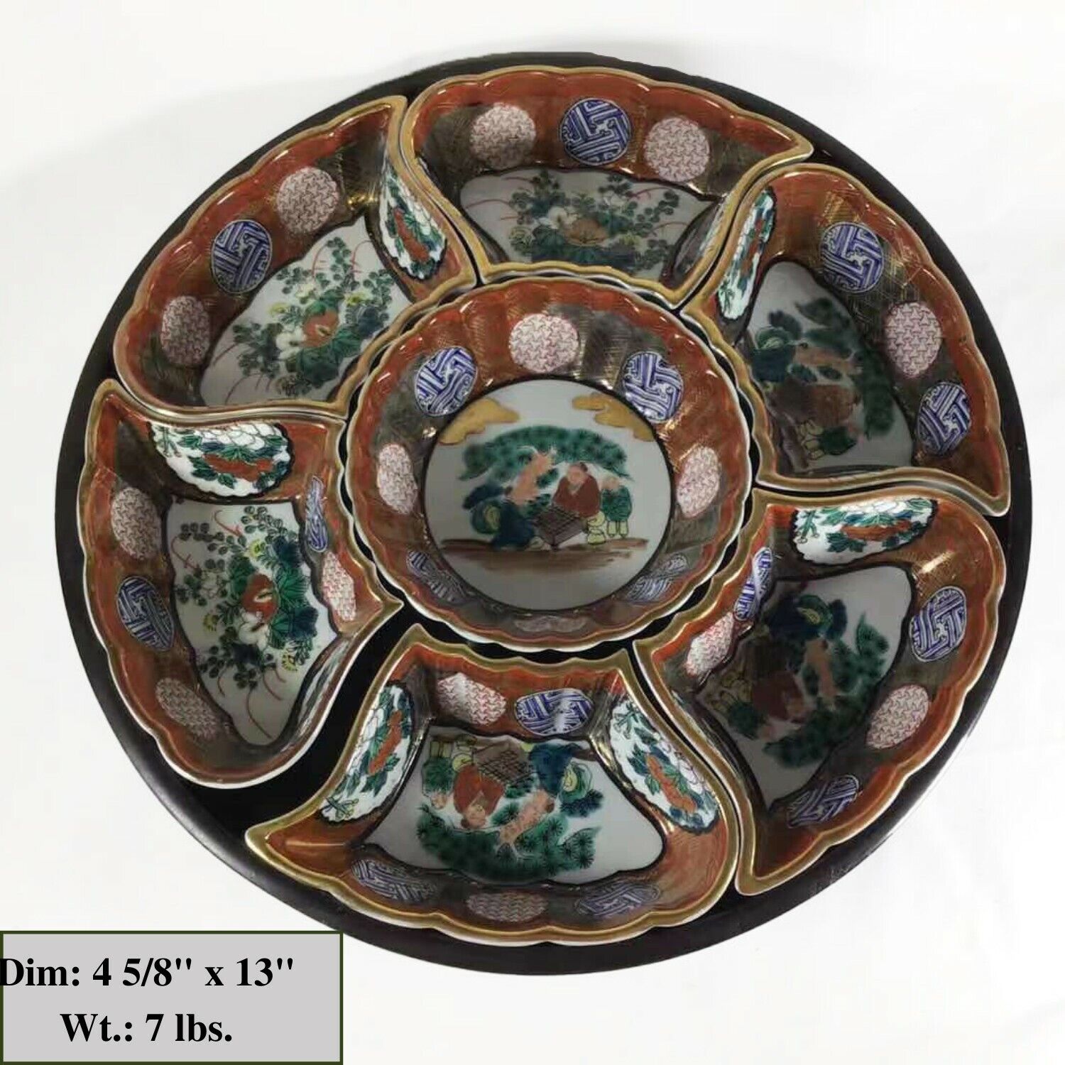 Antique Japanese Kutani Porcelain Lazy Susan Carousel Tray Food Serving Set 7pcs