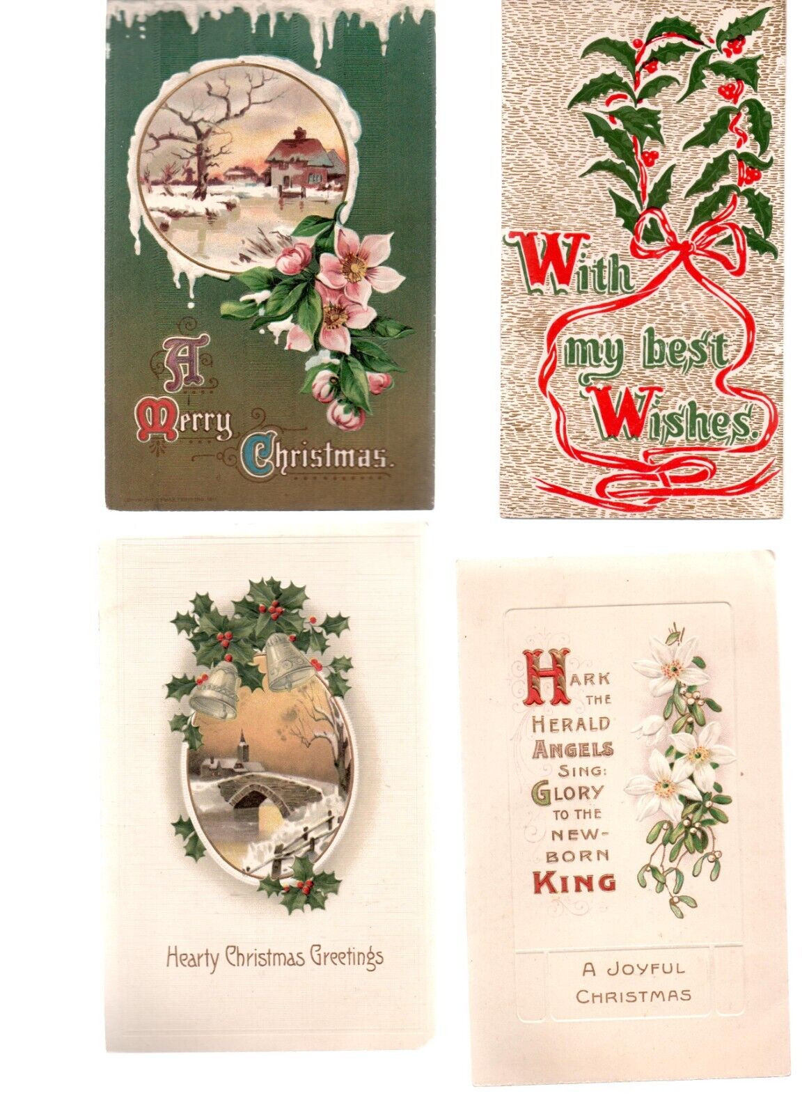 11 Vintage Christmas Postcards c1912 Poinsettia Holly Bells Greetings Angels