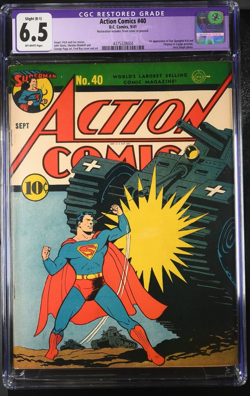 Action Comics #40 CGC FN+ 6.5 Off White (Restored) Classic WWII Superman Cover