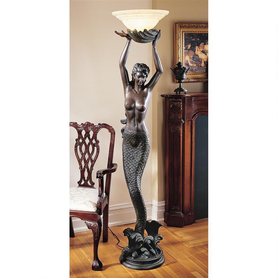 Over 6\' Grande Single Sea Siren Mermaid Faux Bronze Finish Torchiere Floor Lamp
