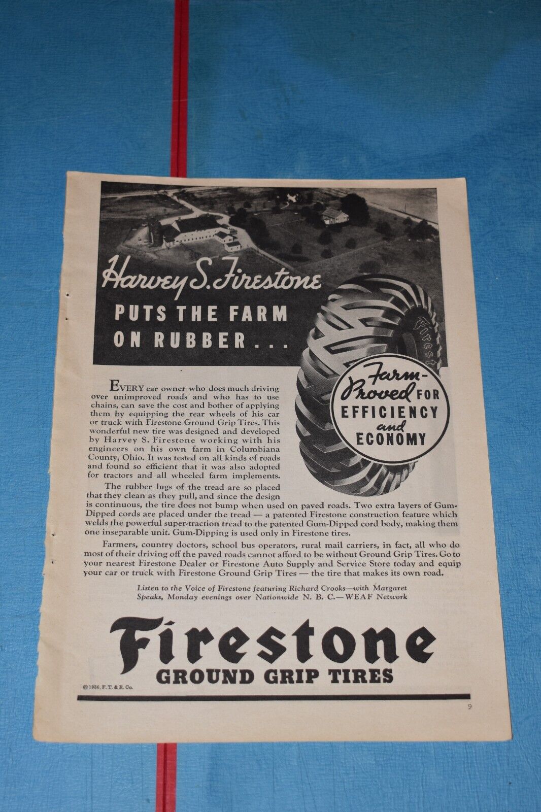 Vintage 1936 Firestone Ground Grip Tires Print Ad.
