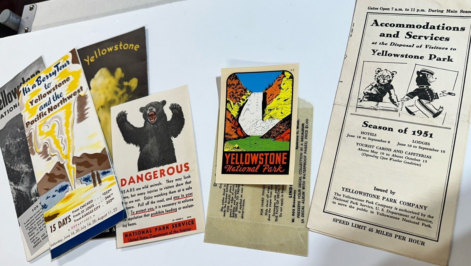 1950s Ephemera Lot Yellowstone National Park Maps Luggage Sticker Bear Pamphlet