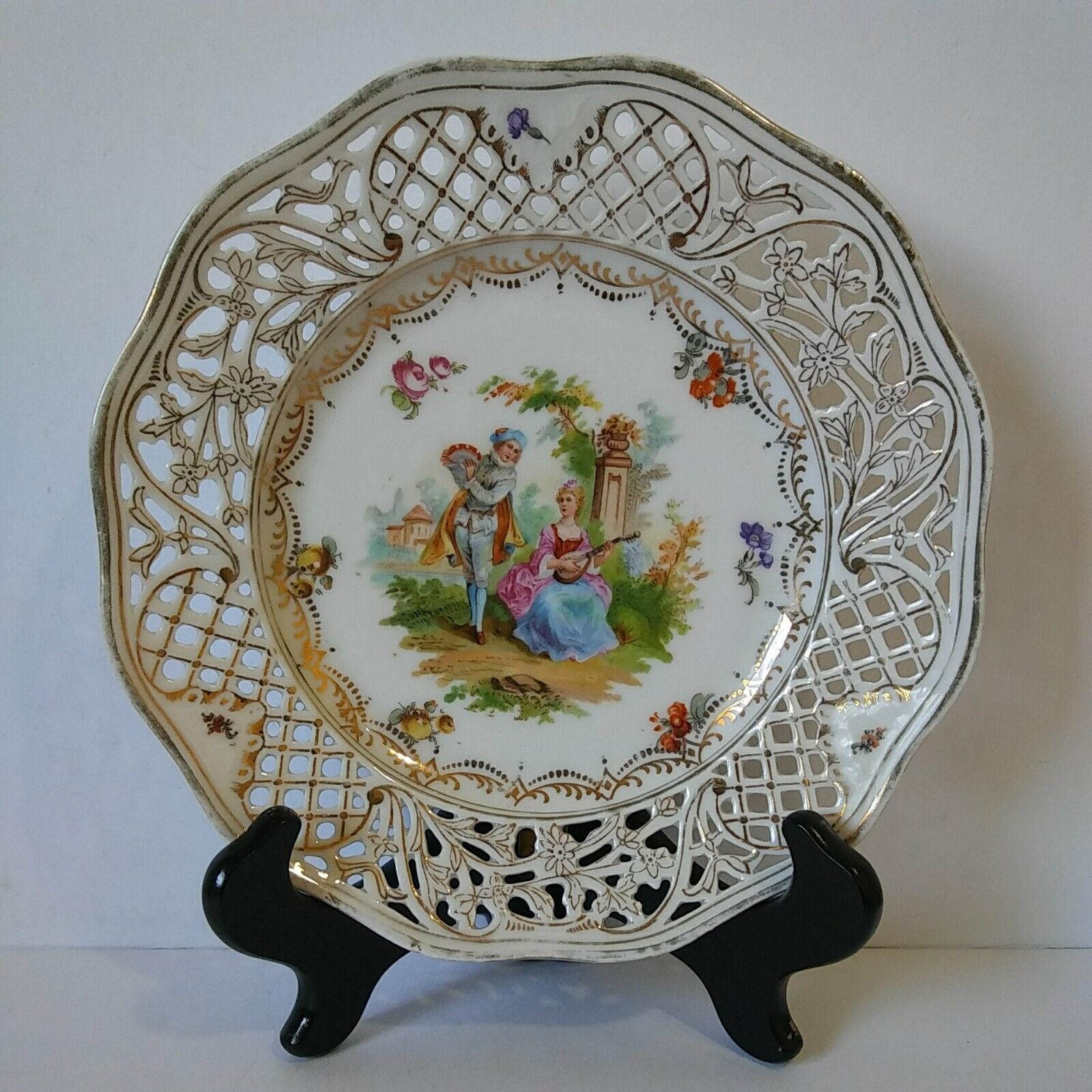 Schumann Bavaria Early Dresden Courting Couple Reticulated Pierced Plate Vintage