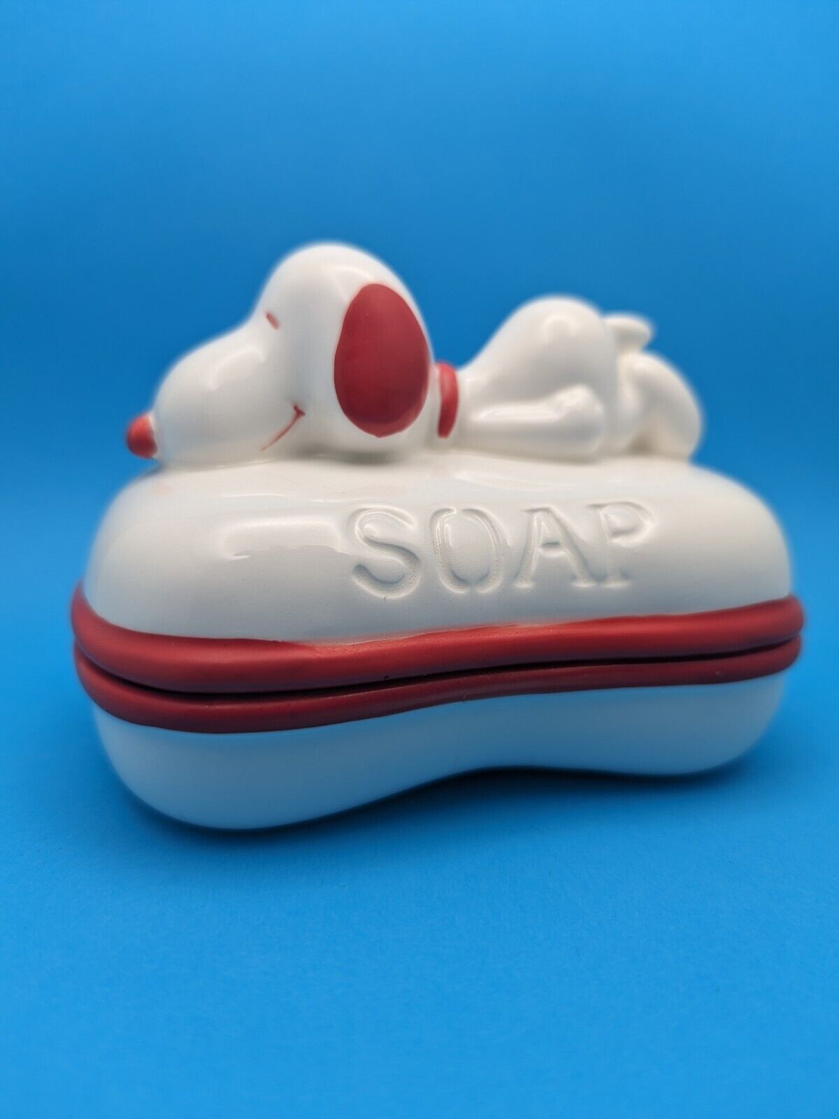 Snoopy 2 Pc. Ceramic Soap Dish Red Peanuts VTG Japan 1958 1966 w/ Mini Soap VGC