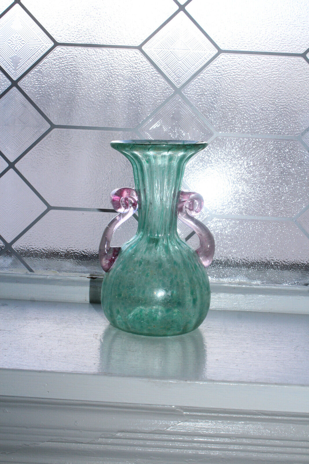 Vintage Cozeta Murano Scavo Glass Vase Iridescent Pink Green Amphora with Applie