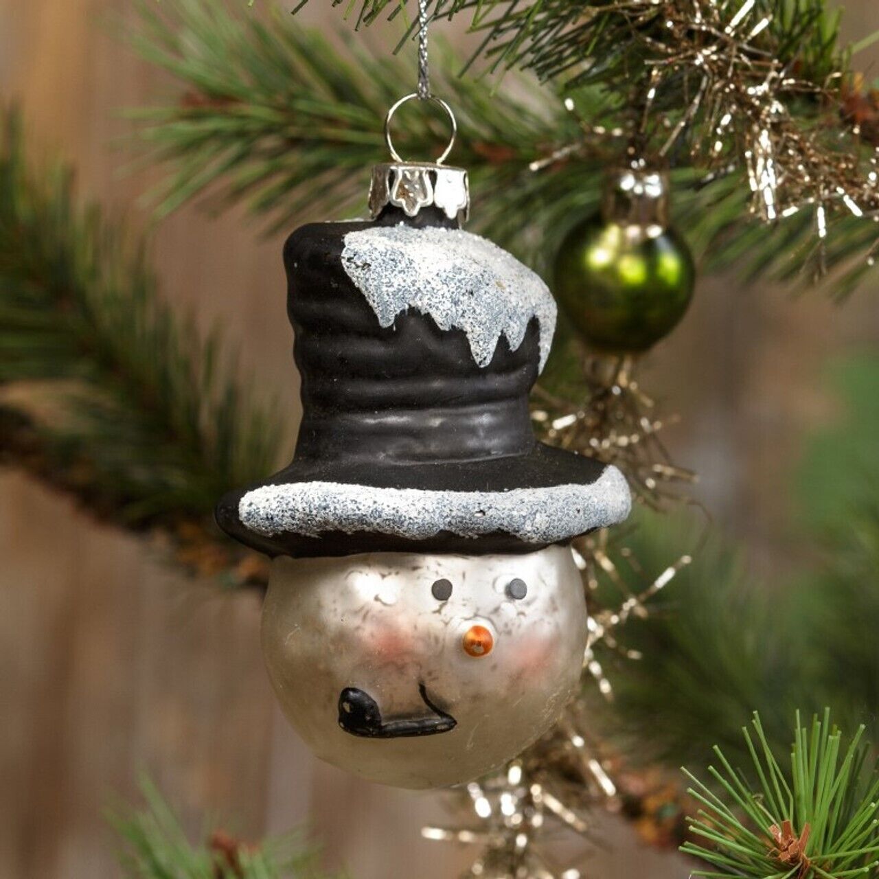 Snowman with Black Top Hat Mercury Glass Christmas Ornament Small Version