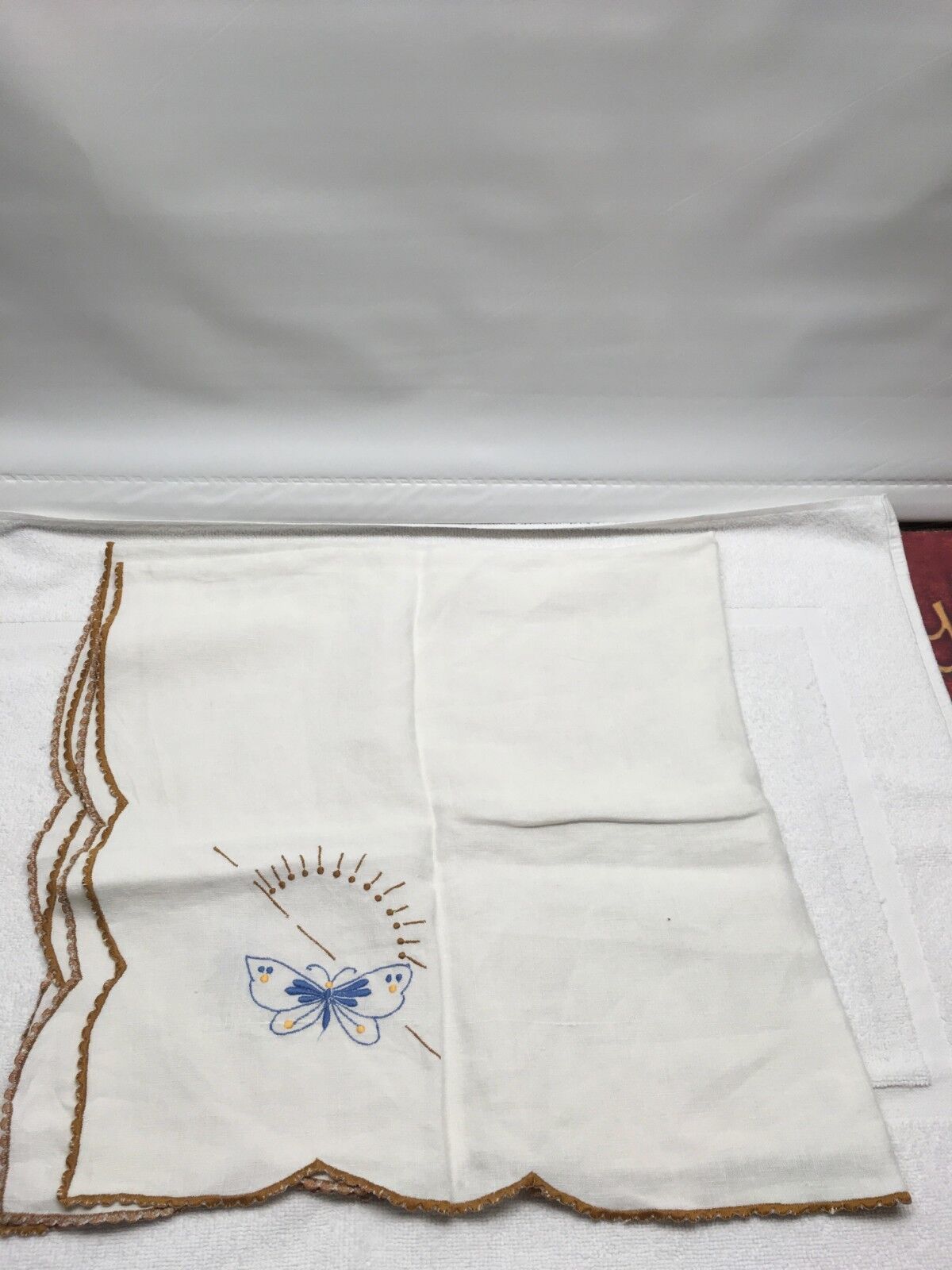 Vintage hand embroidered linen luncheon tablecloth butterfly topper