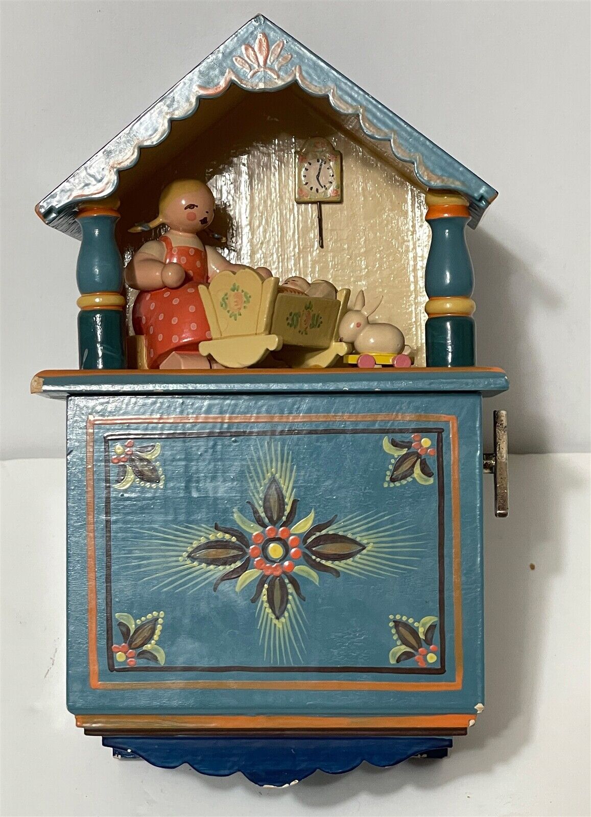 Blue Baby Lullaby Music Box - wood figurine -Erzgebirge -Germany- Wendt & Kuhn