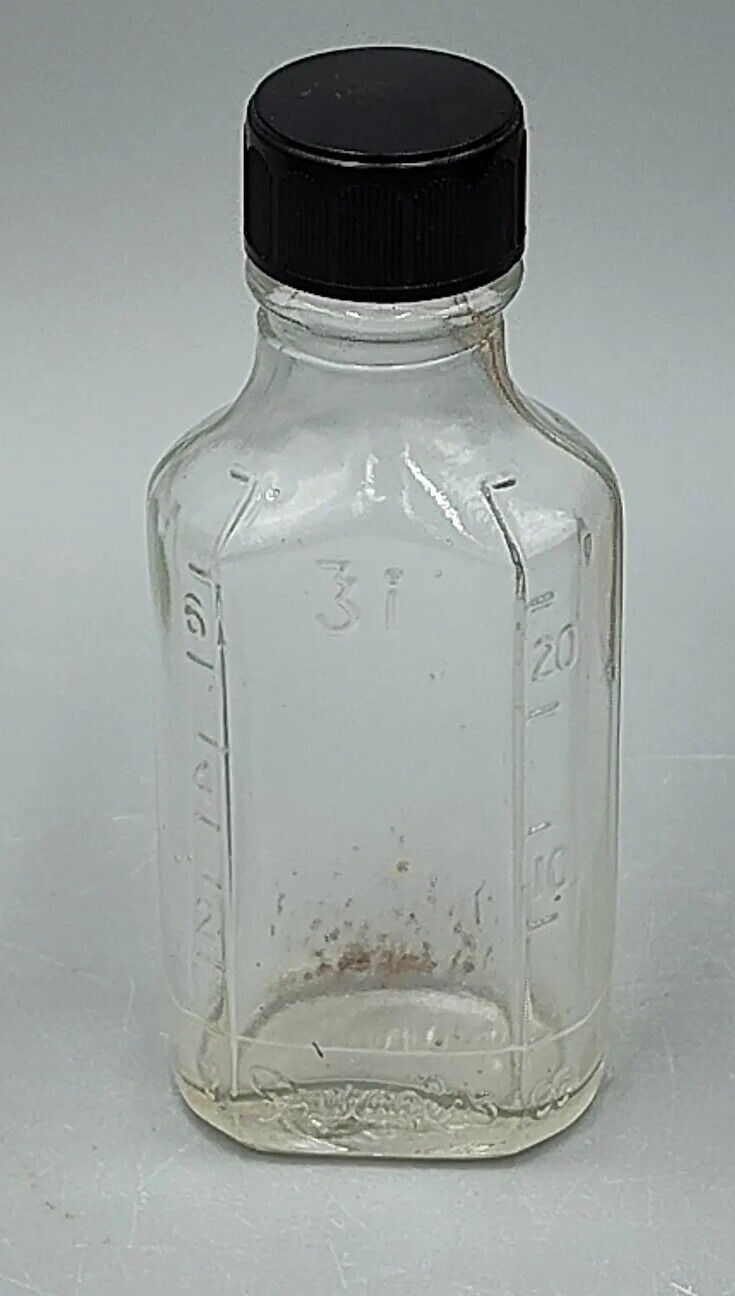 Vintage DURAGLAS Embossed 3 i Apothecary Medicine Clear Glass Bottle Black Lid