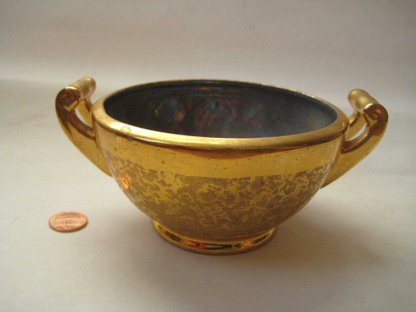 antique porcelain iridescent gold SUGAR BOWL vtg carnival glass ? luster Clare