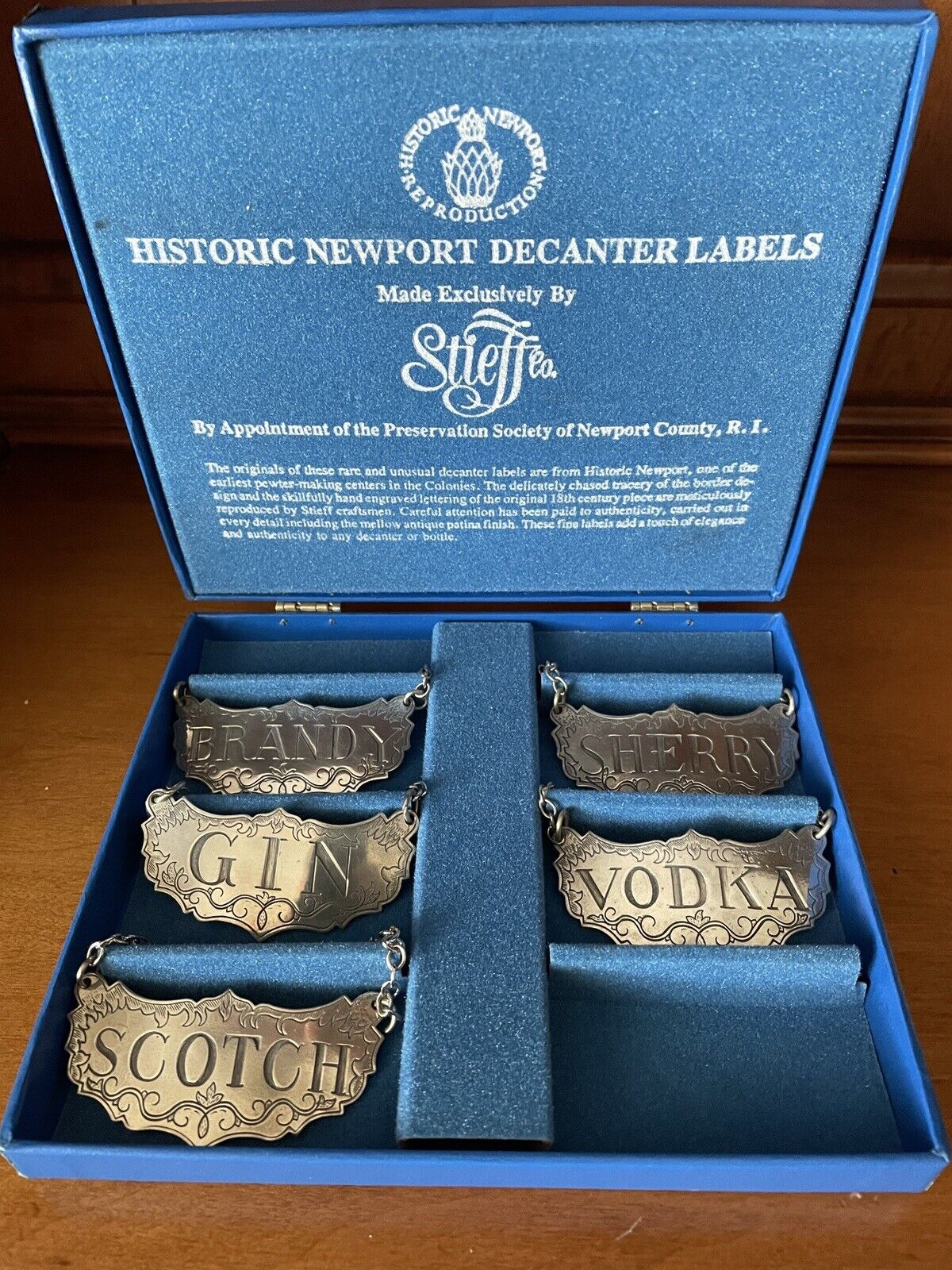 VTG Stieff Historic Newport Pewter Decanter Labels Set of 5 Original Box