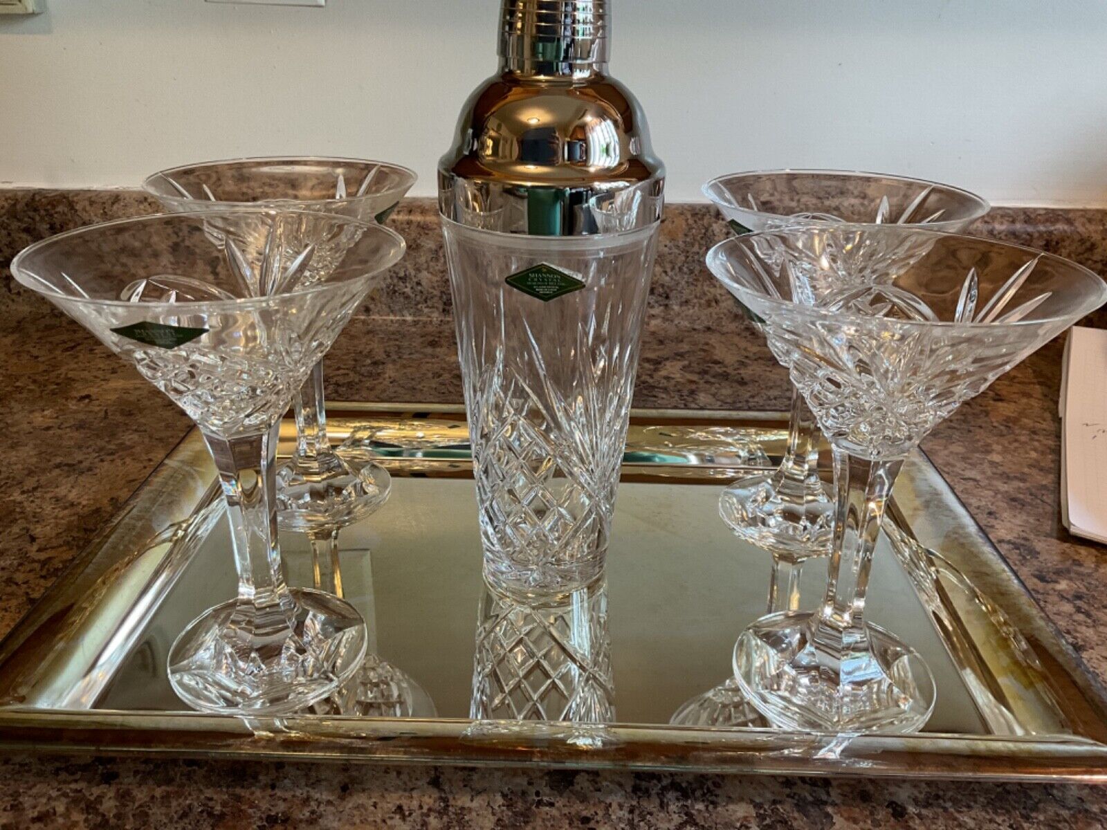 GODINGER  Dublin Cocktail Shaker, Martini Glass Set Of 4 and Silver Plated Tray