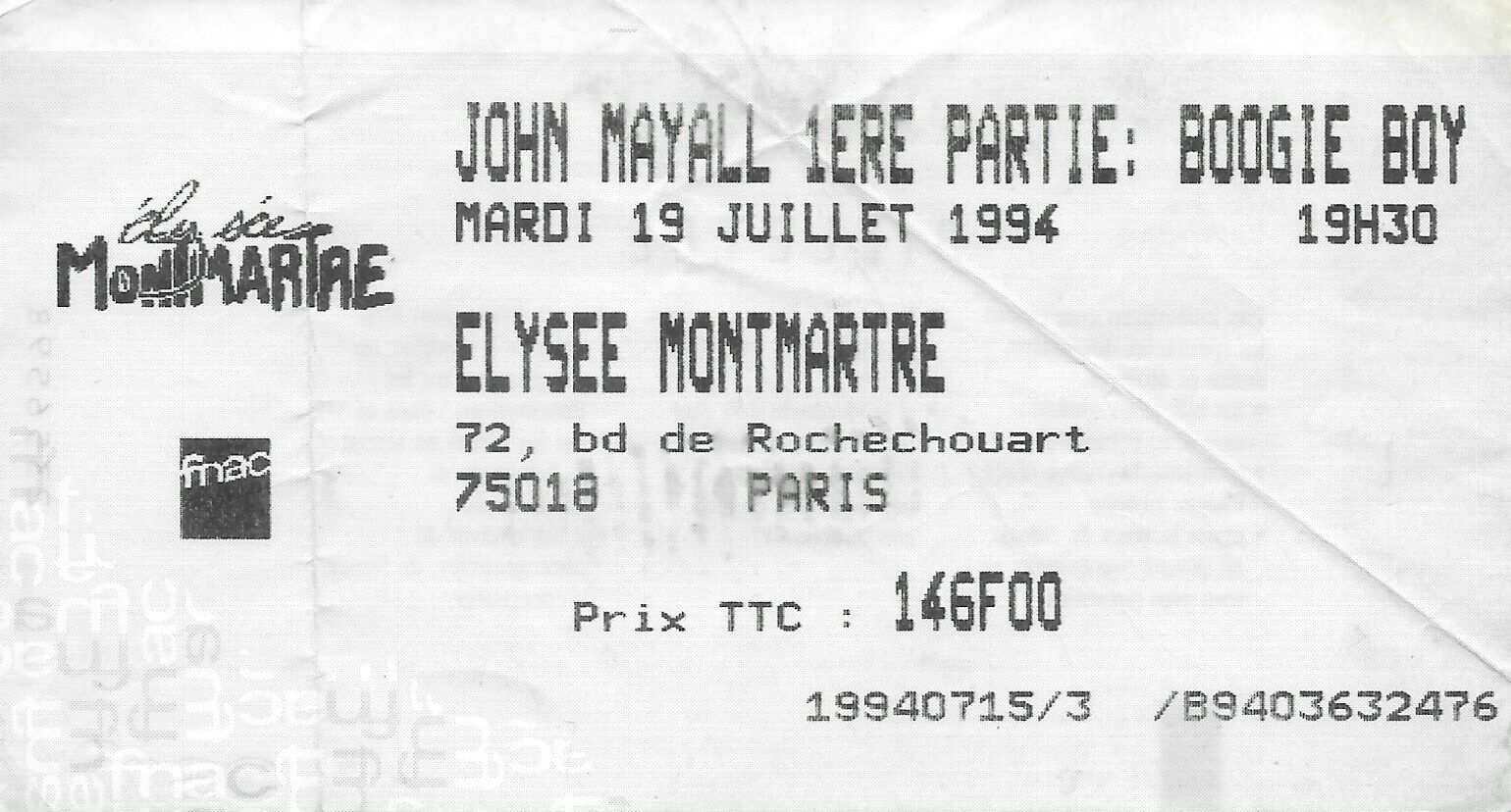 1994 John Mayall Elysée Montmartre Concert Ticket