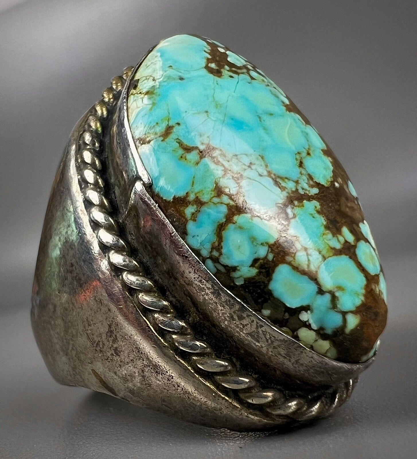 HUGE Vintage Navajo Old Pawn Sterling Silver Spiderweb Turquoise Ring 22 Grams