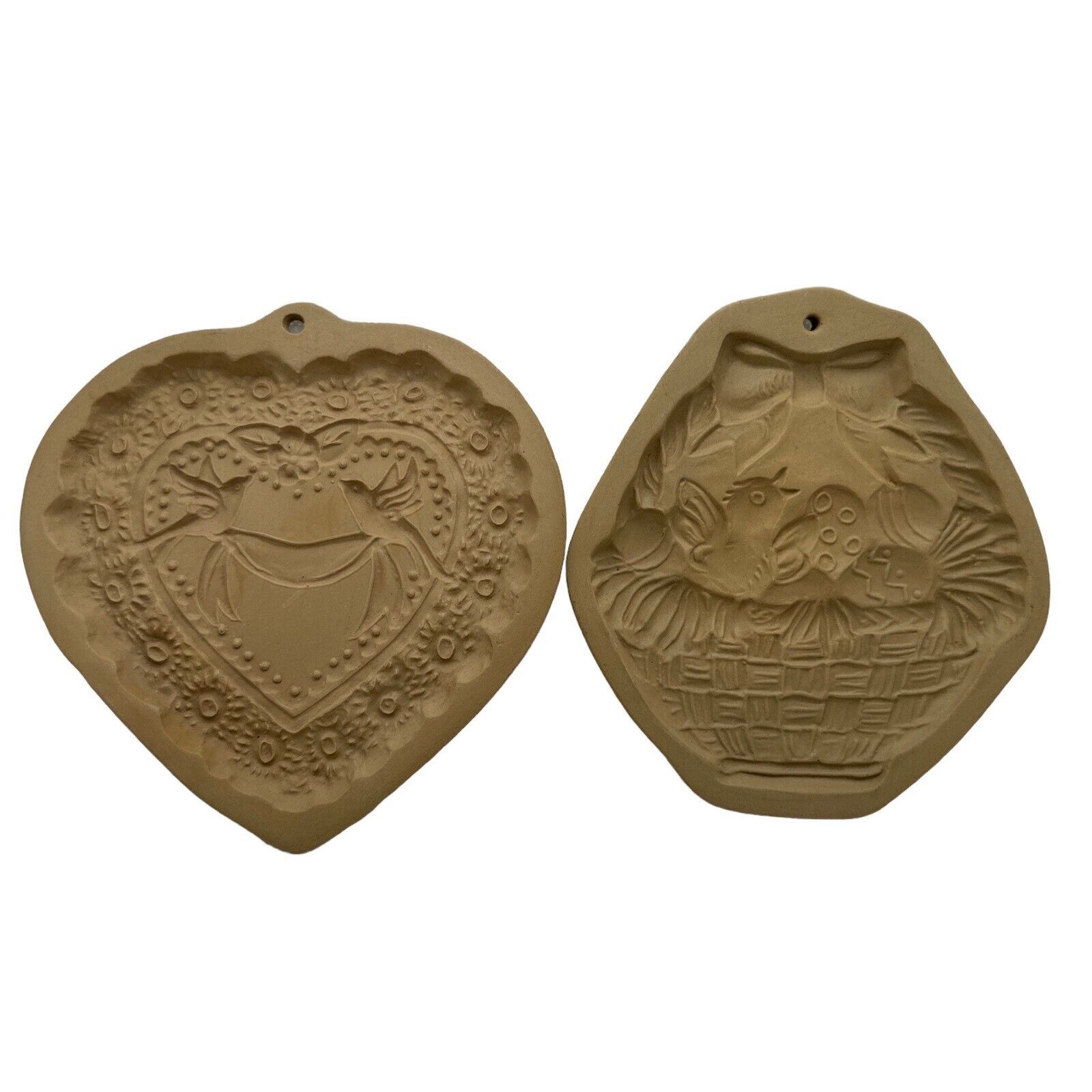 Brown Bag Cookie Art Stoneware Molds Set Of 2 Heart Shape & Easter Basket