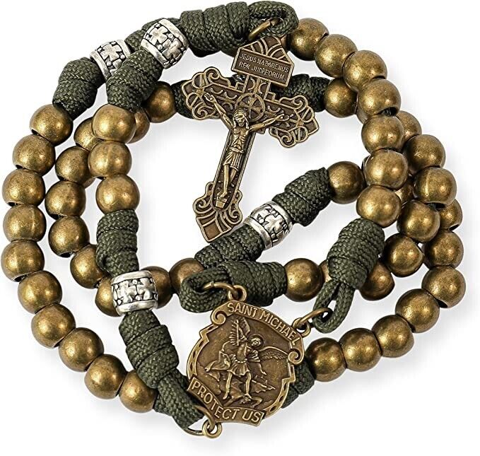 Bronze Beads Paracord Rosary St Michael Medal Pardon Jesus Crucifix 21\