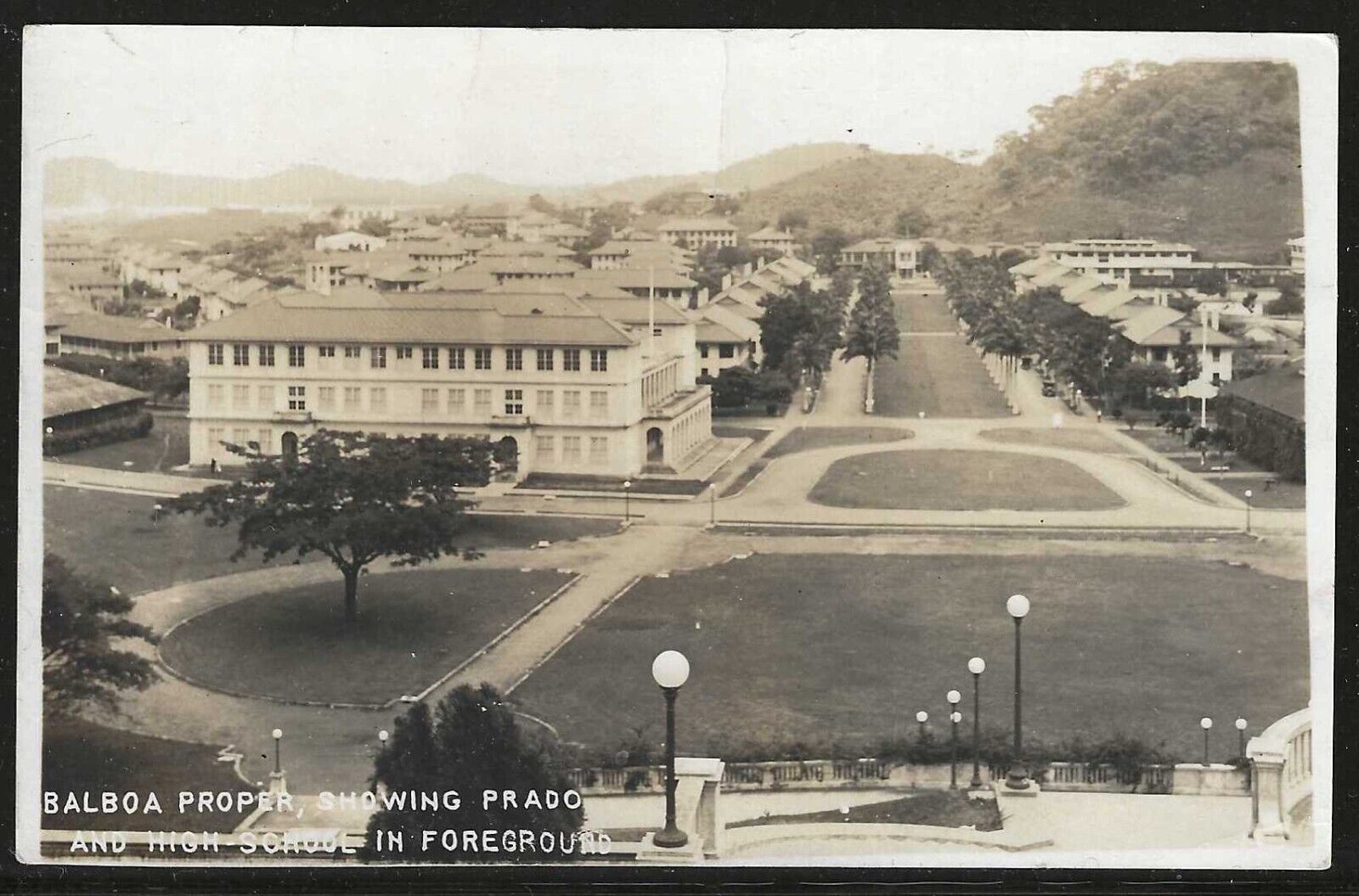 View of Balboa Proper and High School, Canal Zone,  Early Real Photo Postcard