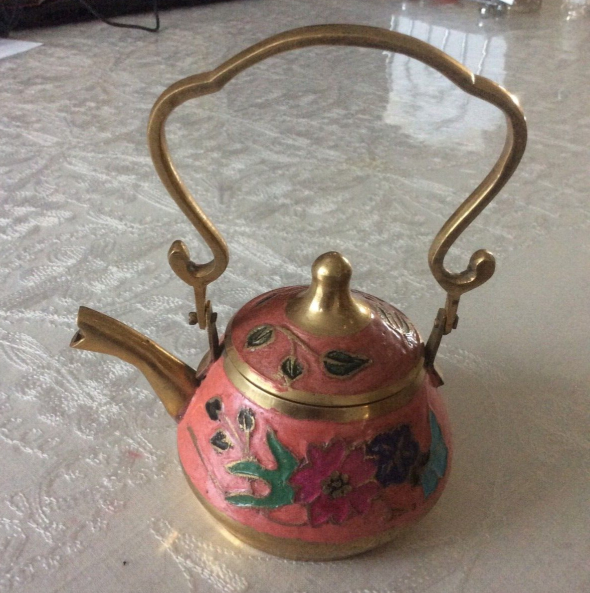 small 5 inch brass teapot w/ floral design