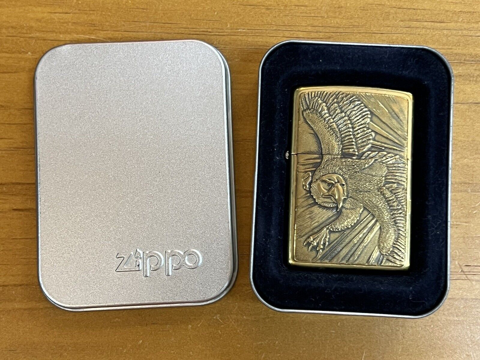 1995 Eagle Gold Tone Zippo Lighter Used In Box J XIII
