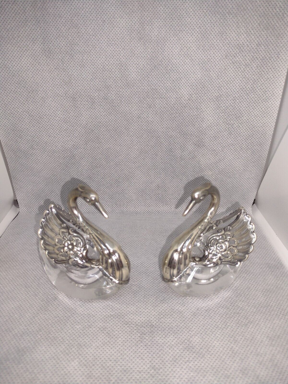 Antique German Sterling Silver  and Crystal Swan Salt Cellars With Moving Wings