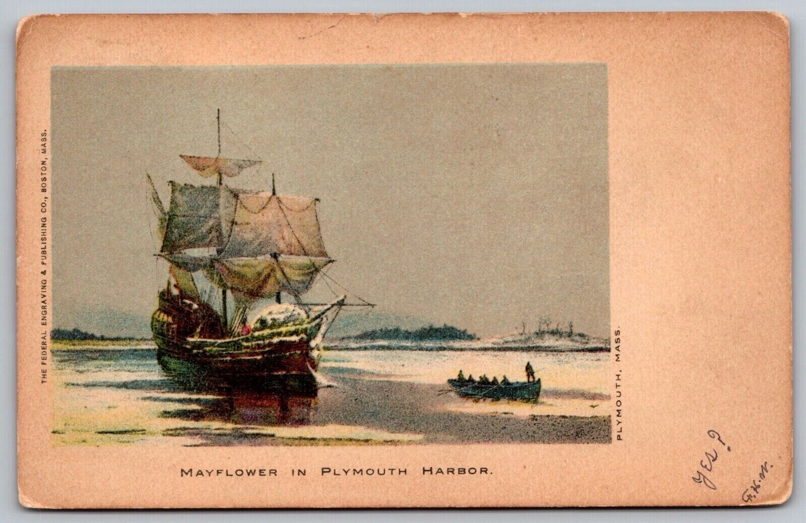 Mayflower Plymouth Harbor Historic Ship Boat Ocean Reflections Cancel Postcard