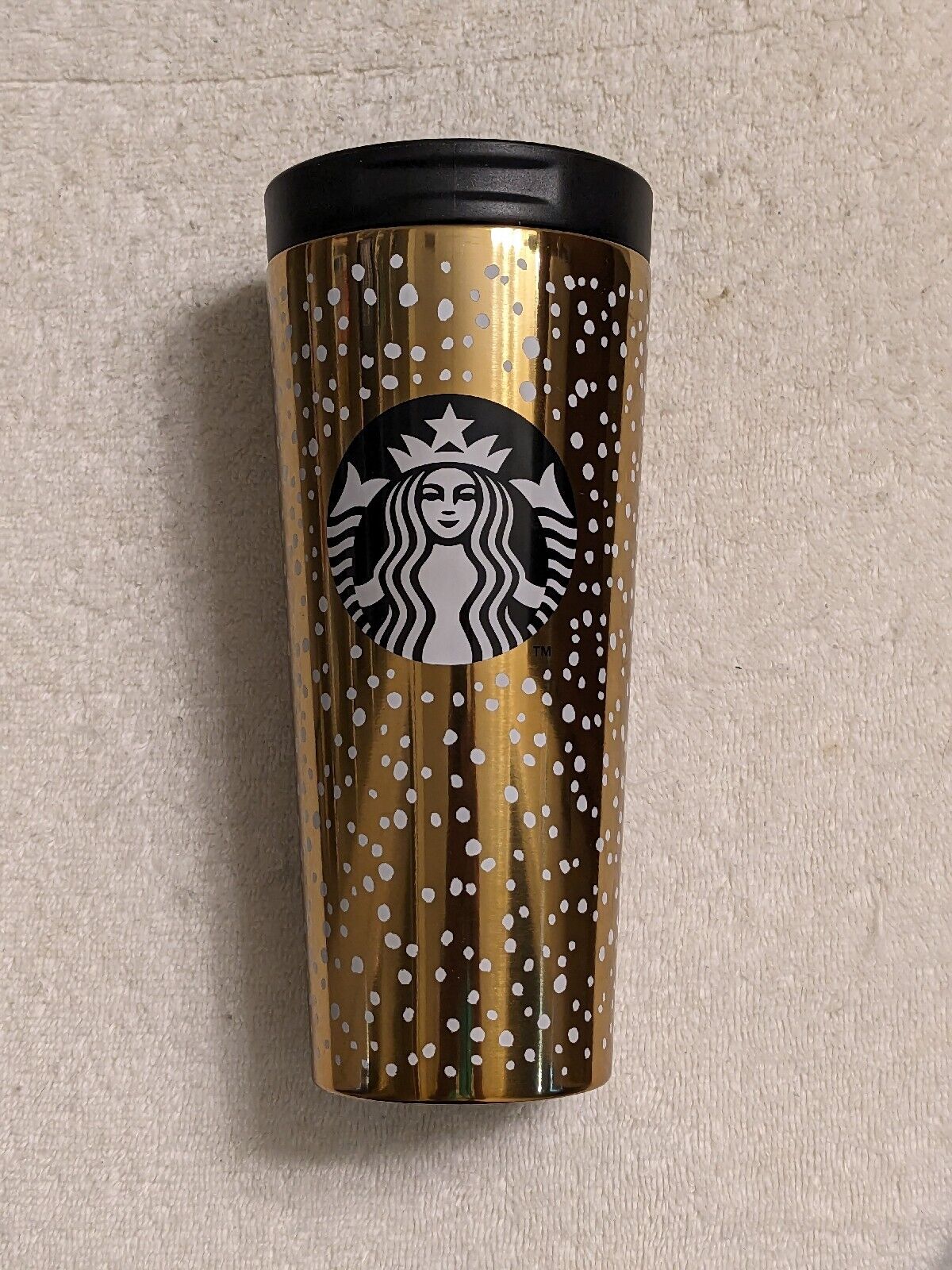 Starbucks 2016 Stainless Steel Gold Tumbler Mug White Snow Flakes Flecks Holiday