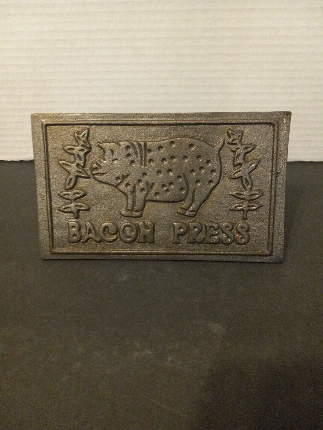 Vintage Cast Iron Bacon Press Wood Handle Pig Design