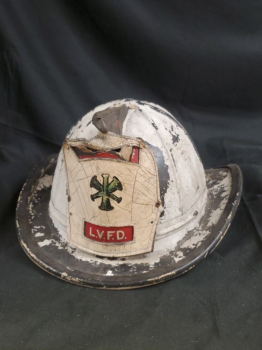 Vintage Firefighters Fire Helmet L.V.F.D Old Damaged On Duty Collectible Great
