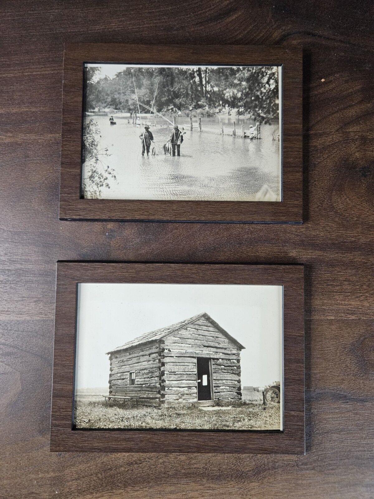 Vintage Antique Fishing Log Cabin Nature Black White Photo