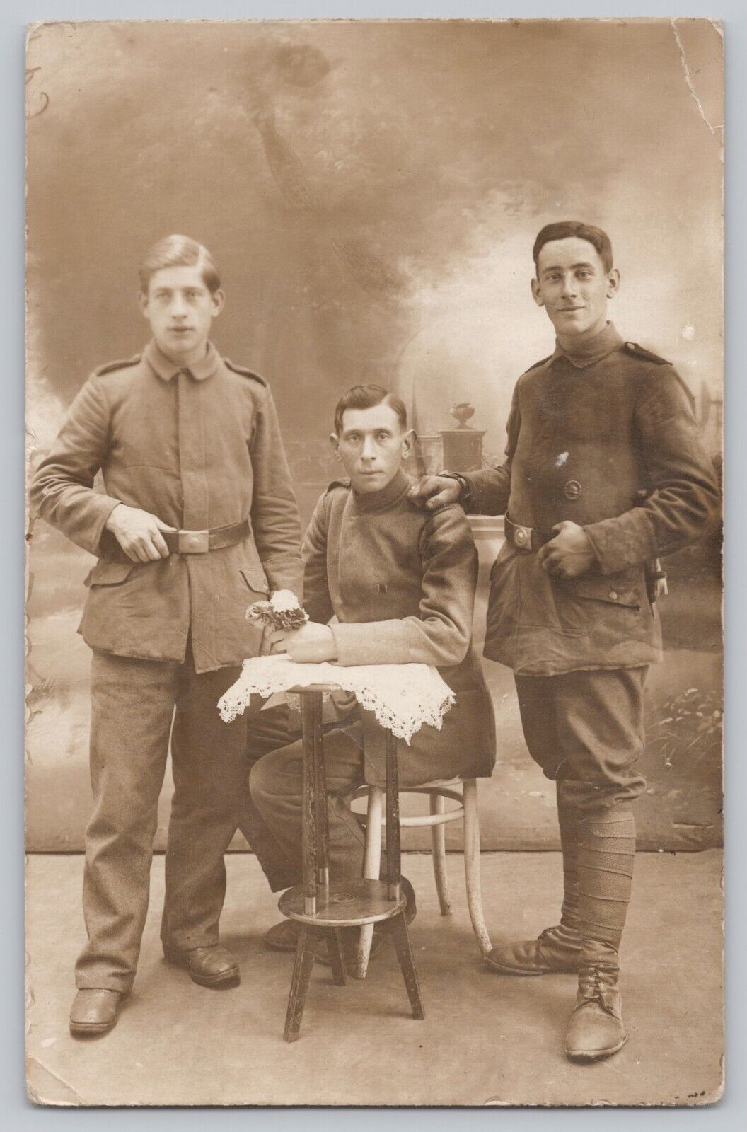 WWI German RPPC 3 Young Male Soldiers Postcard