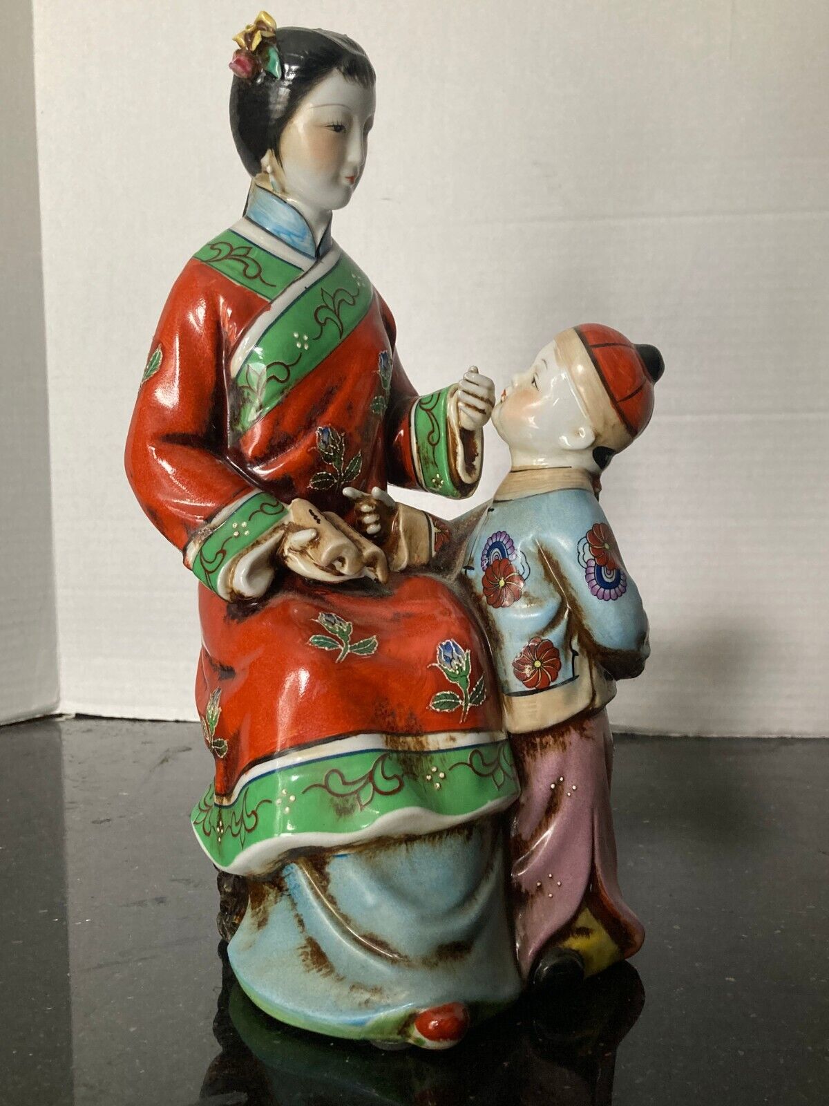 Chinese Ceramic Wucai Porcelain Dolls Figurine Mother Son Boy Reproduction
