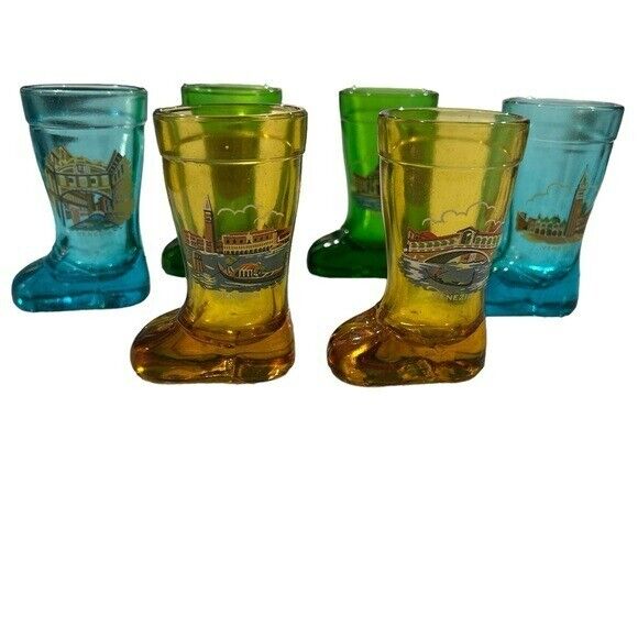 Vintage Mod Dep Made in Italy Boot Shot Glasses with Venice Scenes - Set of 6