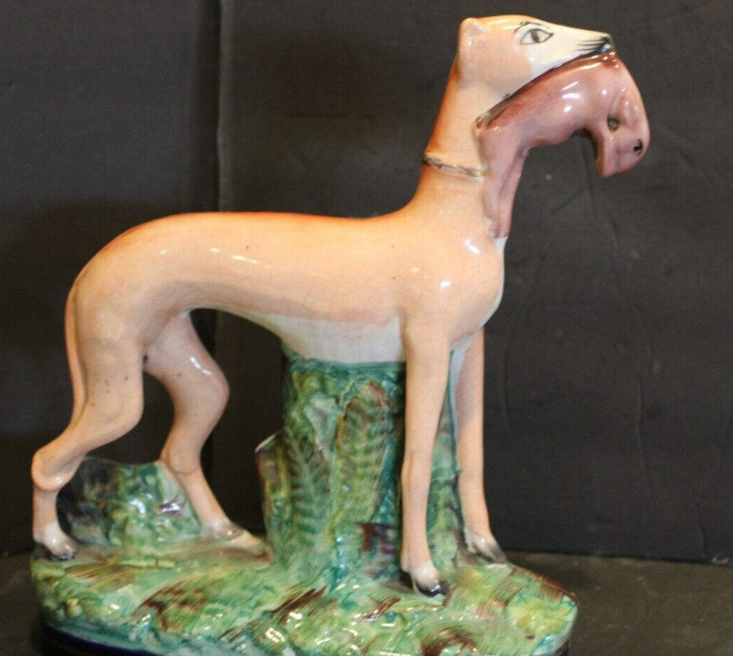Staffordshire DOG W/ RABBIT DAMAGE AND REPAIRED 9 1/2\