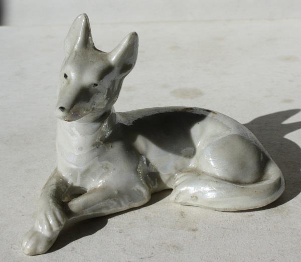 German Shepherd Dog Figurine Lying Down All White Iridescent Made in Japan ---