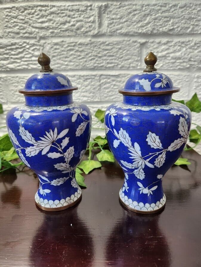 Stunning Pair Chinese Ginger Jars/Urns Blue White Enamel on Brass with Lids 7”