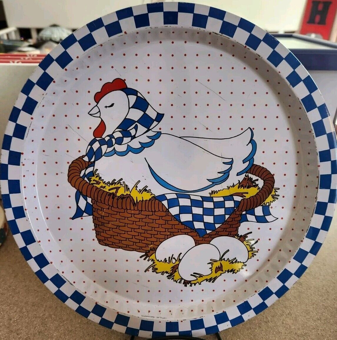 Vintage Blue Checkered Hen On Nest Serving Tray Chicken Eggs Country Farm Giftco