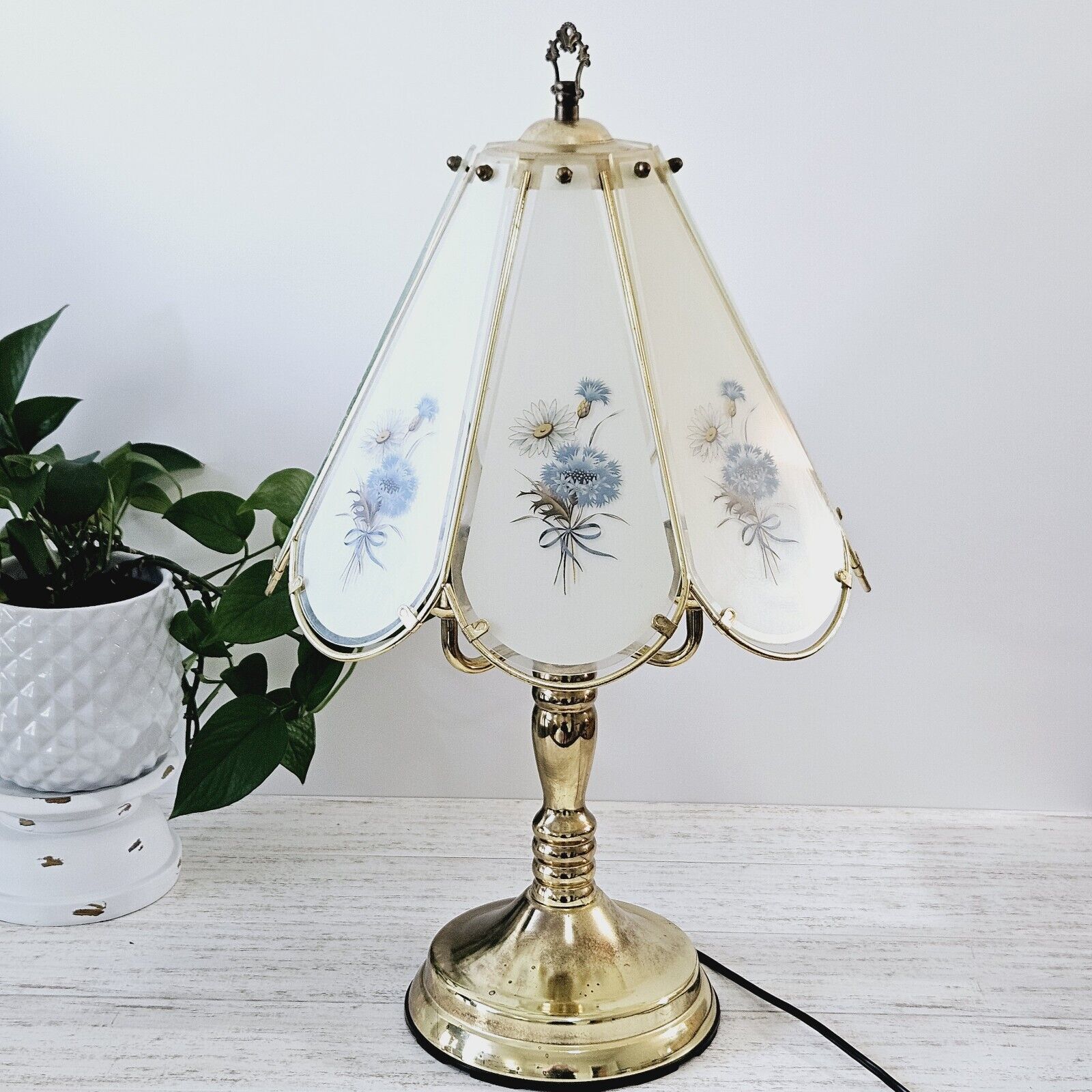 Vintage Touch lamp 3 Way with Blue Floral design 8 Panel Glass
