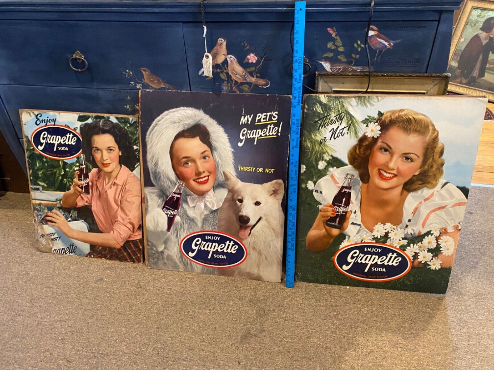 original 1940s Grapette Cardboard Soda Advertising rare set of 3