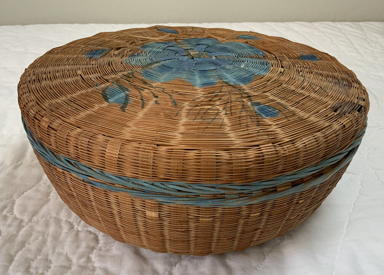 Vintage Woven Sewing Basket, Large, Brown, Blue Painted Flower On Top