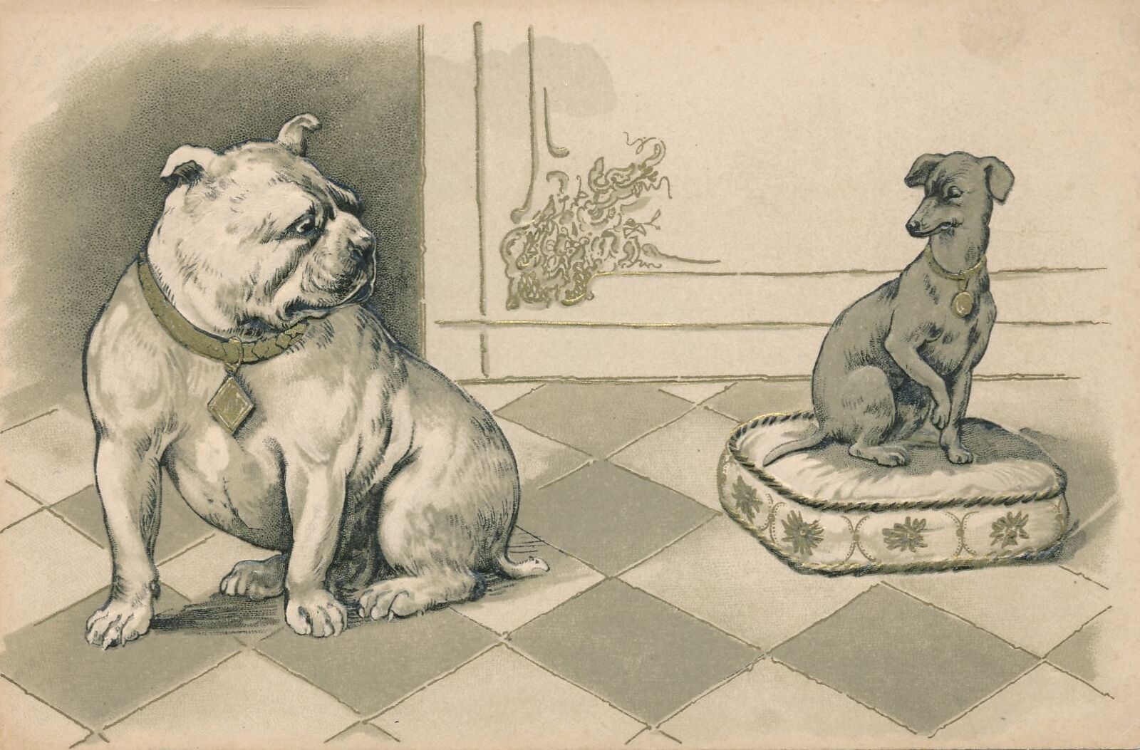 Big Dog and Smaller Dog Looking At Each Other Postcard - udb (pre 1908)