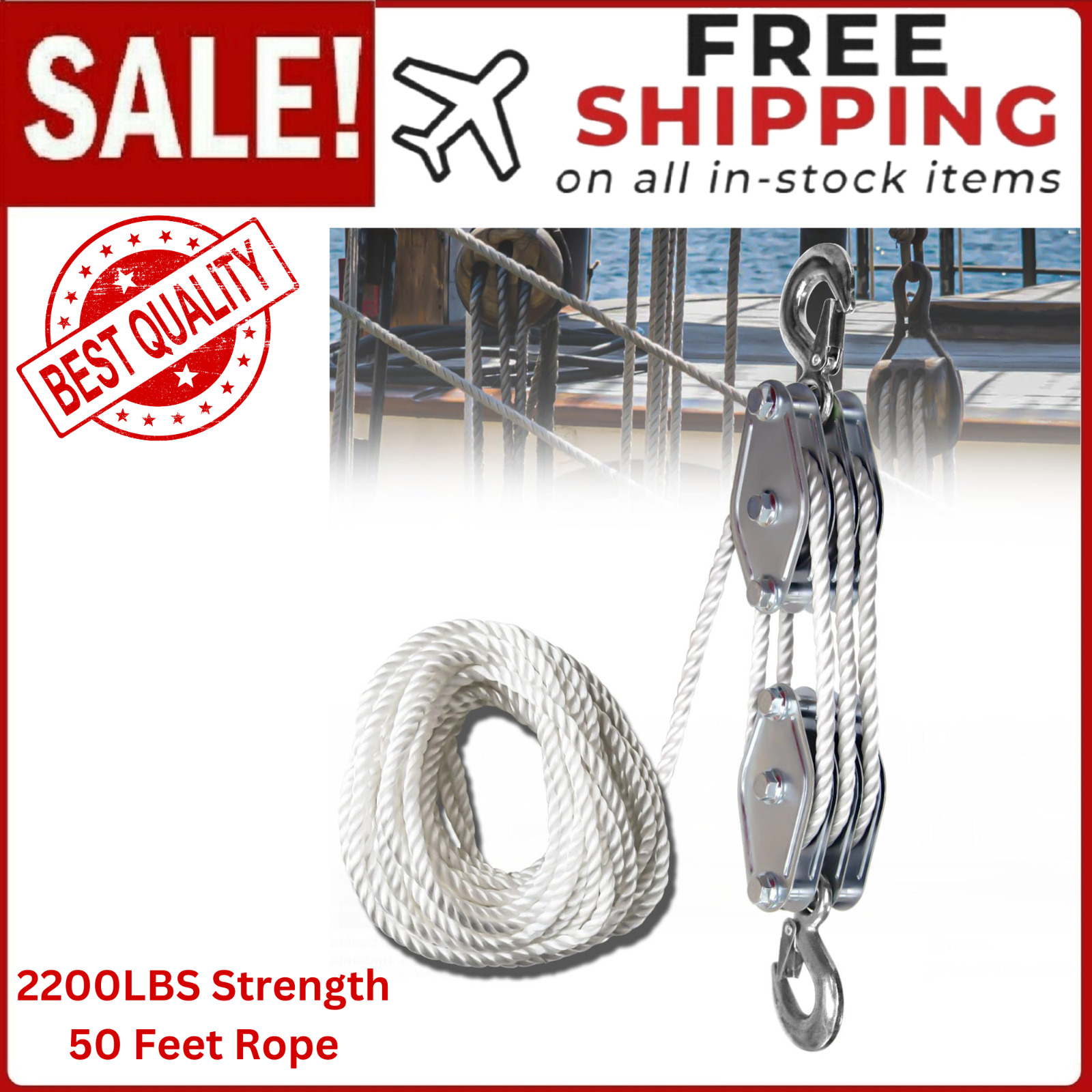 Block and Tackle 1100 Lbs 2200 LBS Breaking Strength Heavy Duty Pulley 50Ft Rope