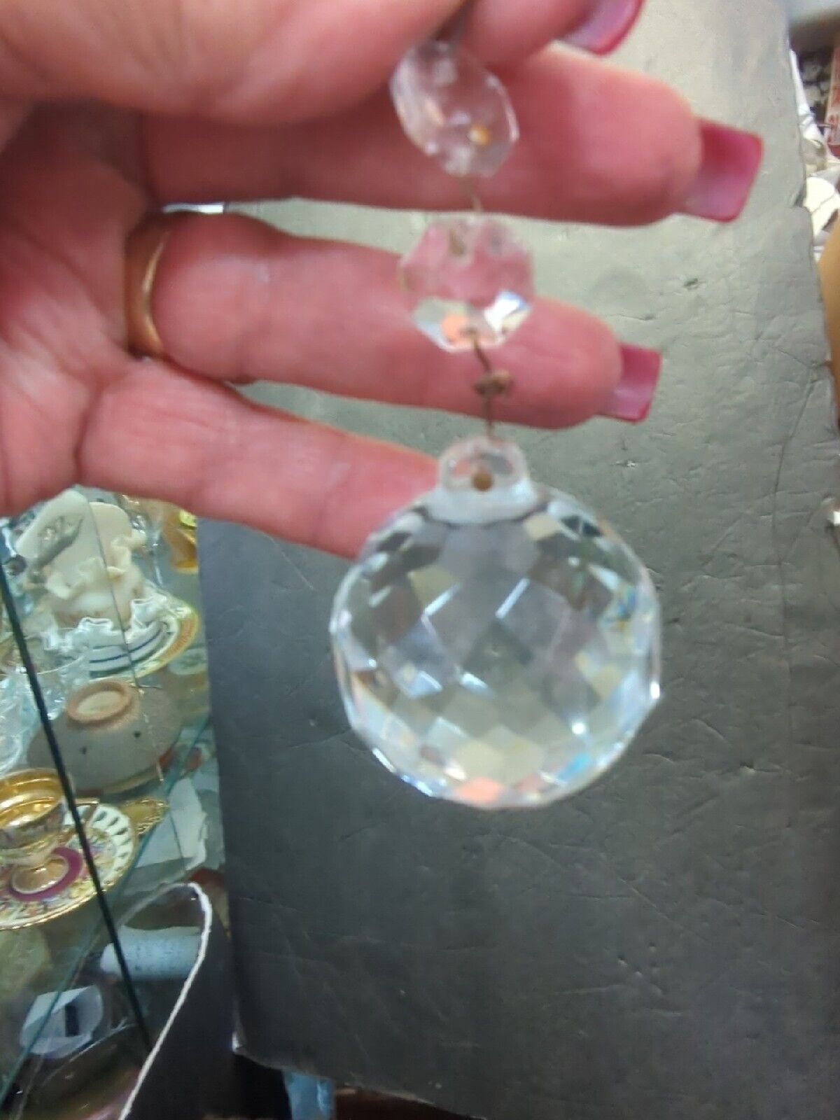 Vintage Antique Crystal Ball Cut Glass  Hanging Drop Chain Ball