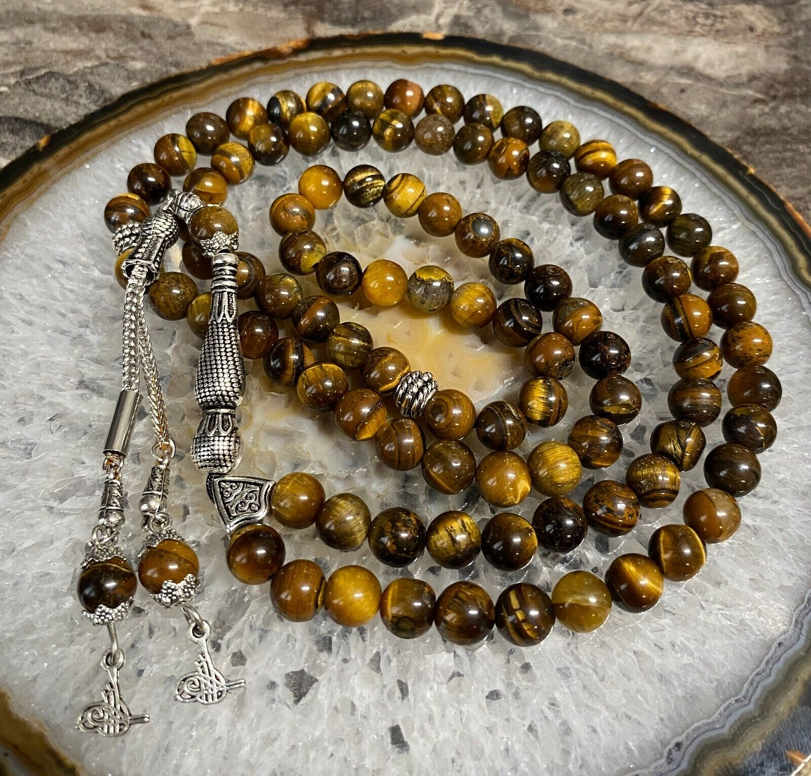 REAL Tiger\'s Eye Stone Islamic Prayer 99 beads, Tasbih, Misbaha, Tasbeeh 8mm BIG