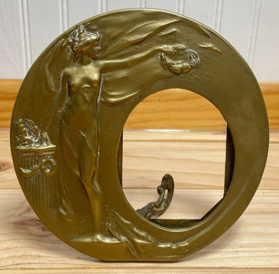 Art Nouveau Brass Goddess Frame Round Victory Antique Decorative