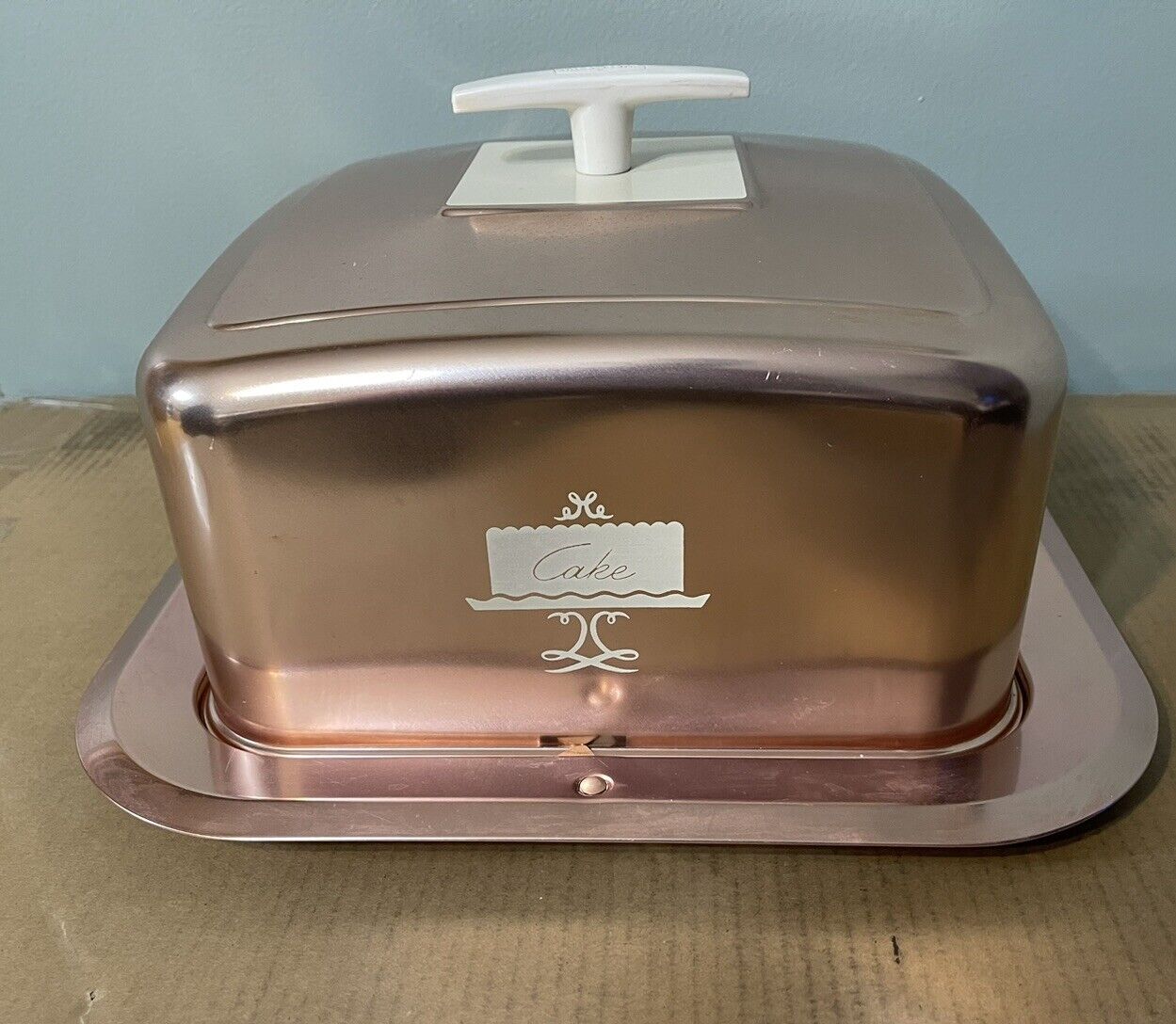 Vintage Cake Carrier Rose Gold Copper Pink Mid Century West Bend Square Latches