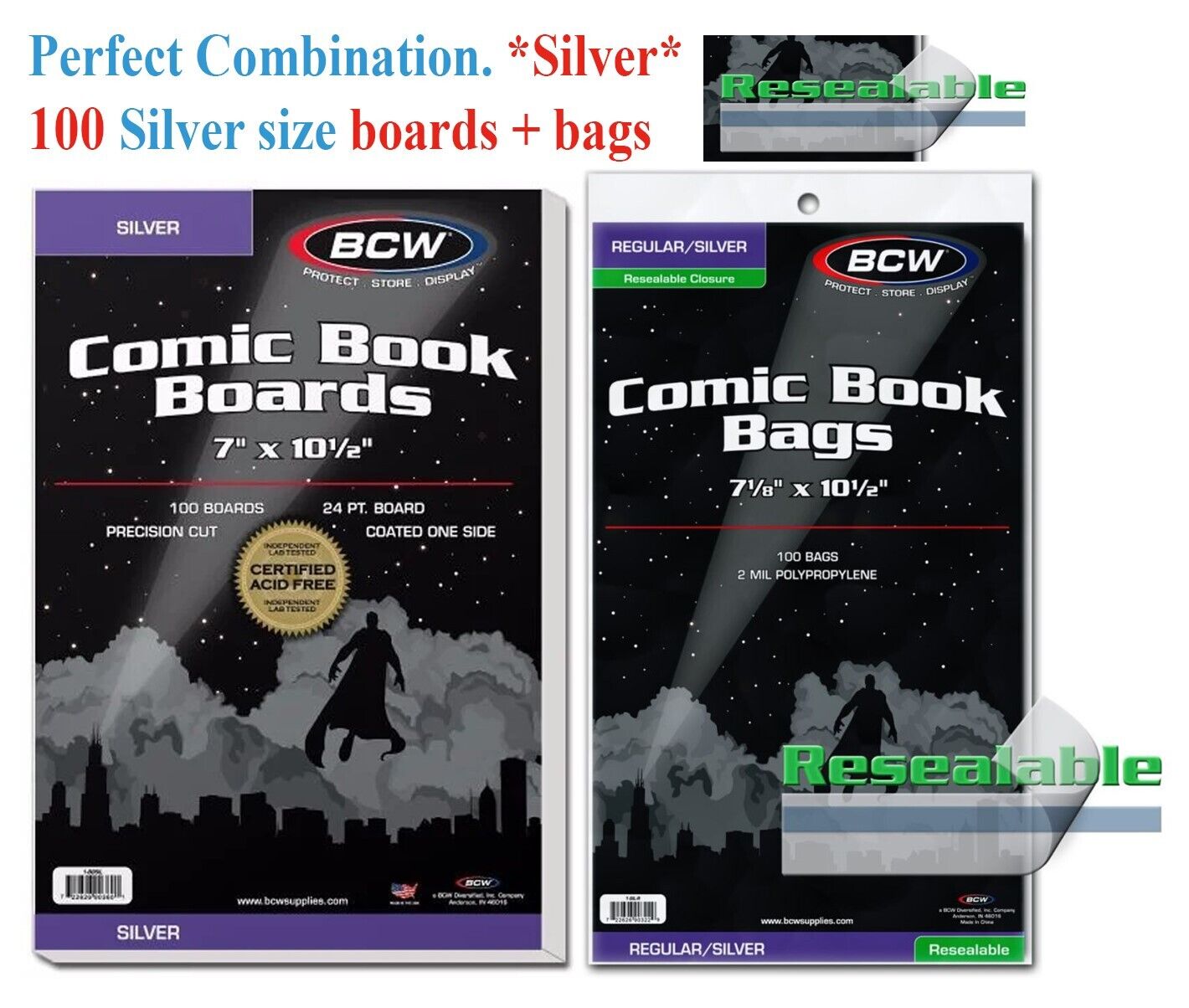 100 BCW Silver Era Comic Book RESEALABLE Bags Sleeves + Back Boards 7 x 10 1/2\
