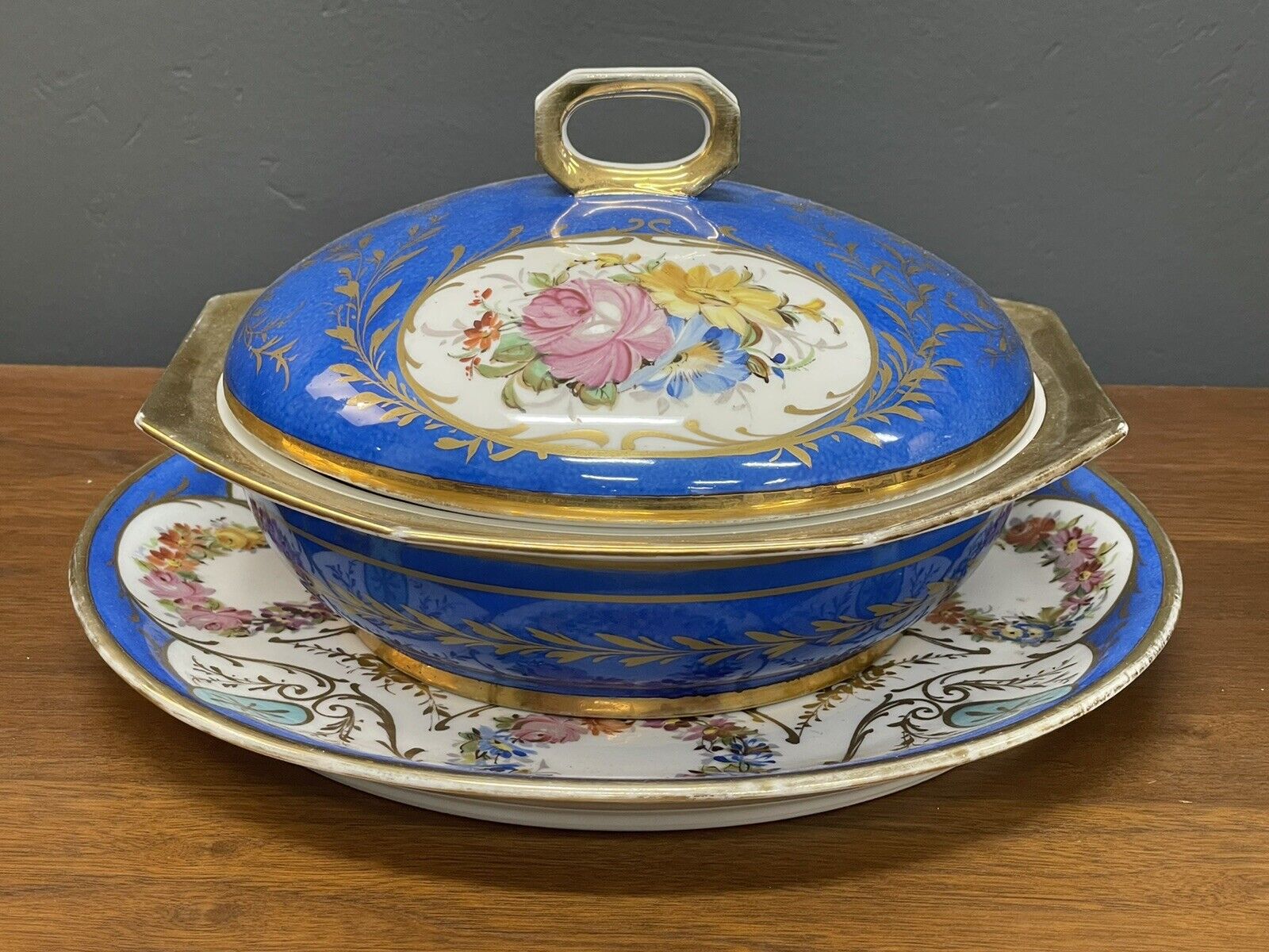 Sevres Style Hand Painted Blue and Gilt Covered Bowl and Plate