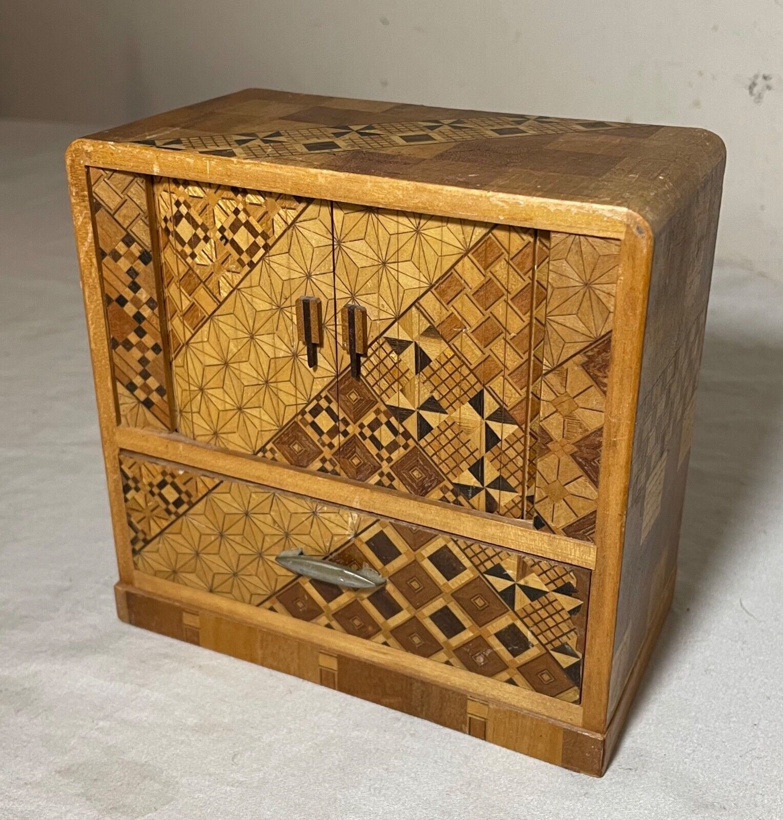 Elaborate antique handmade inlaid marquetry wood mini jewelry box sculpture