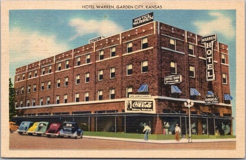 Vintage GARDEN CITY Kansas Postcard HOTEL WARREN Street View / Linen 1948 Cancel