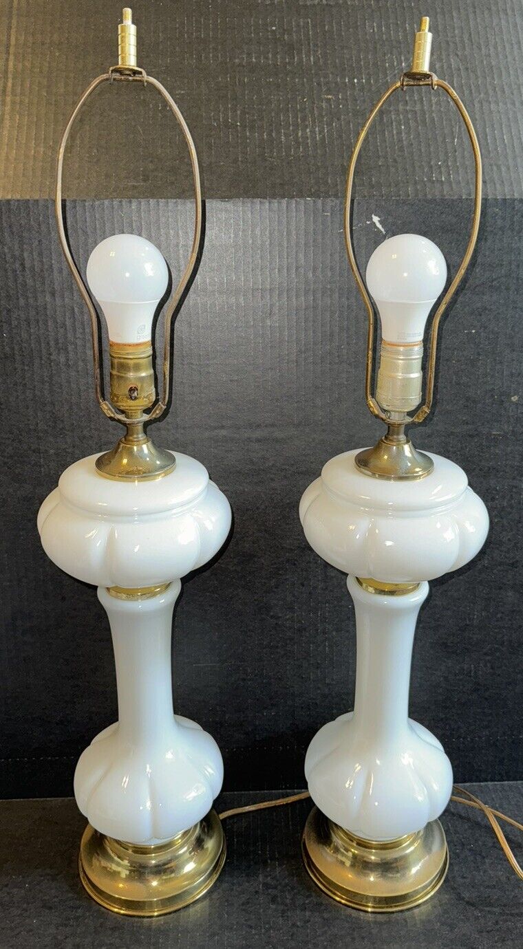 Pair Of Mid Century Opaque White Milk Glass Table Lamps Brass Accent 20”